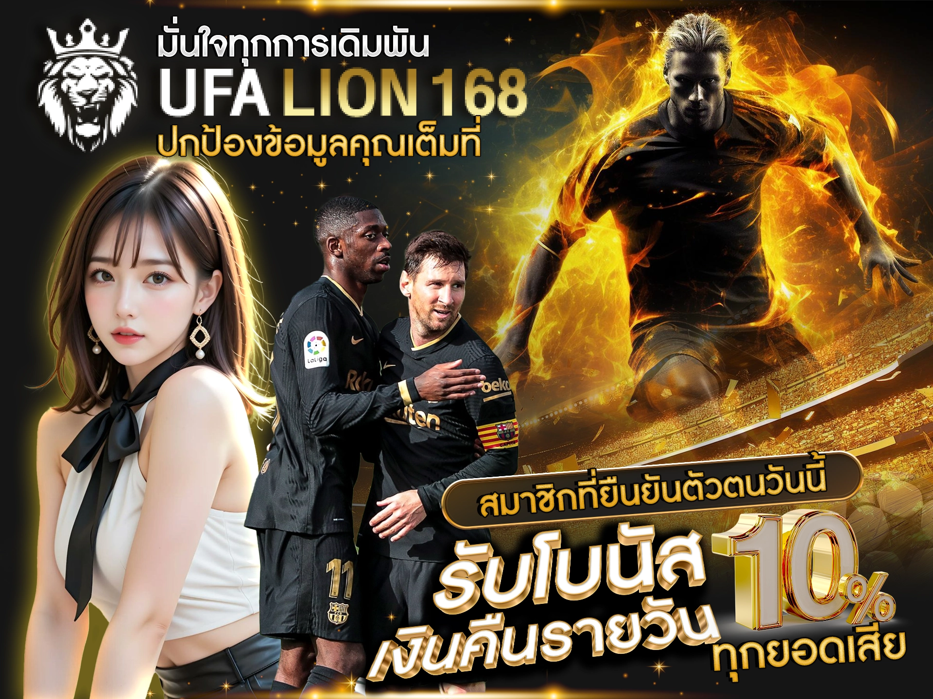 มั่นใจทุกการเดิมพัน UFALION168 ปกป้องข้อมูลคุณเต็มที่ สมาชิกที่ยืนยันตัวตนวันนี้ รับโบนัสเงินคืนรายวัน 10% ทุกยอดเสีย